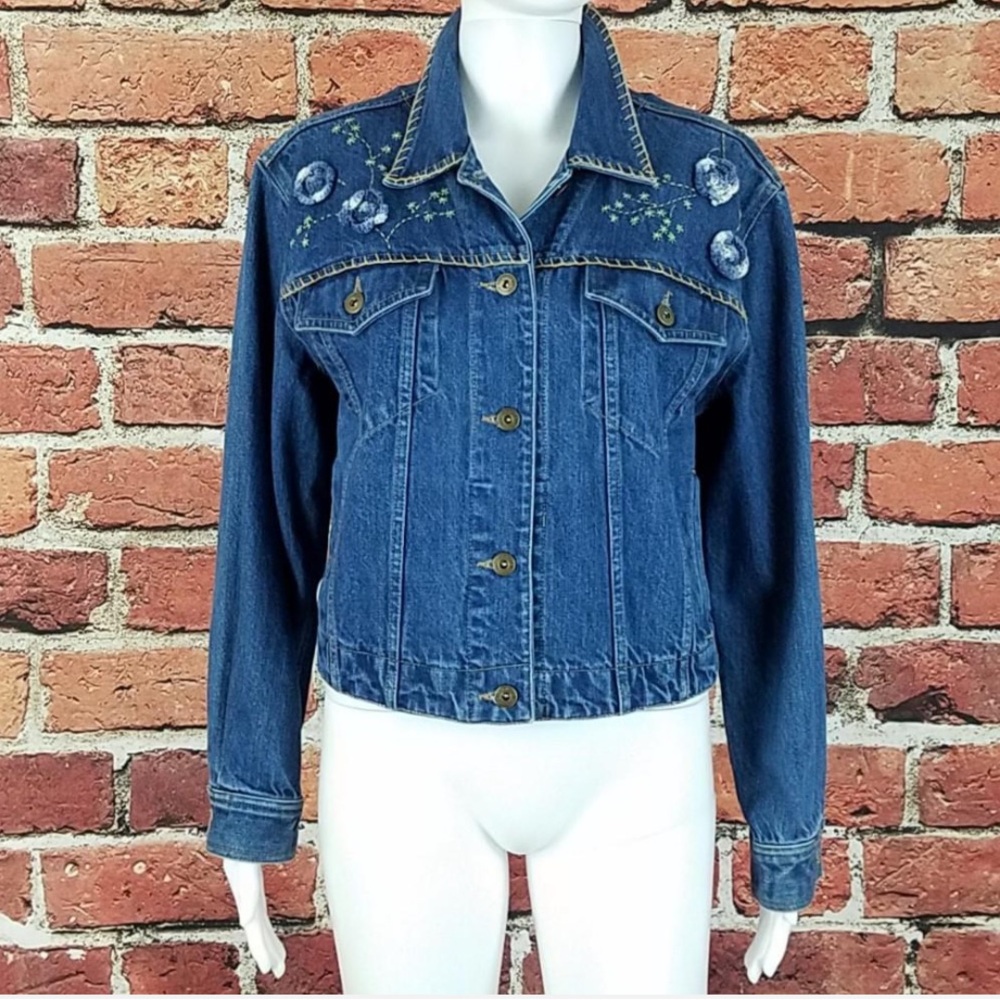 Vintage Liz Claiborne Lizwear Denim Jean Jacket with Crochet Flowers Whipstitch